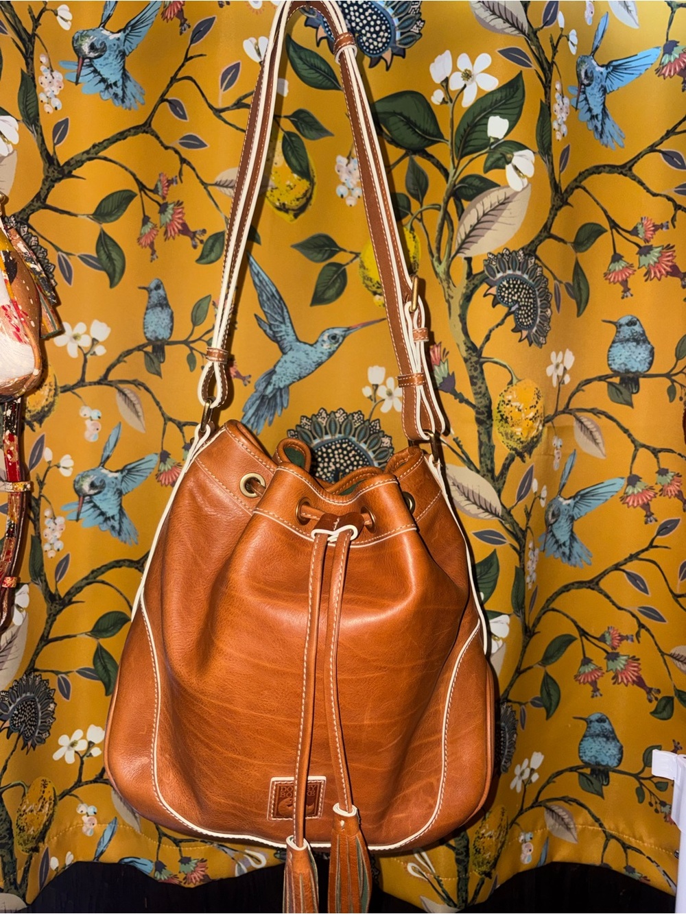 Dooney and Bourke Florentine Edge Natural Tan Leather Drawstring Bucket Bag